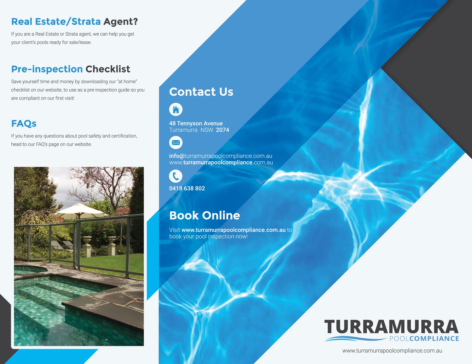 Outside of the Turramurra Pool Compliance tri-fold: agent and checklist panel, contact details, and a front cover of rippling pool water with the logo