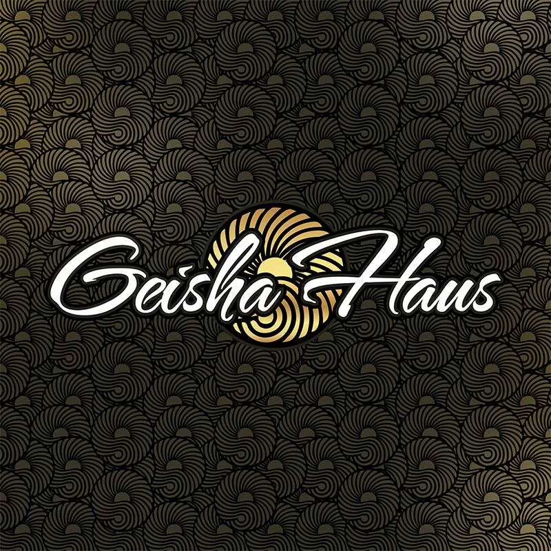 Geisha Haus script wordmark in white over a golden fan-wave emblem, on a black and gold wave pattern